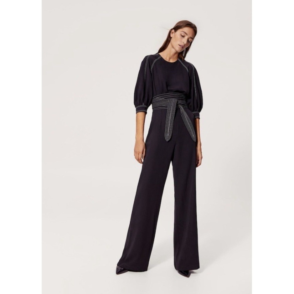 Mango Suit Women's Black Wide Leg Jumpsuit Size Small Contrast Stitch Belt